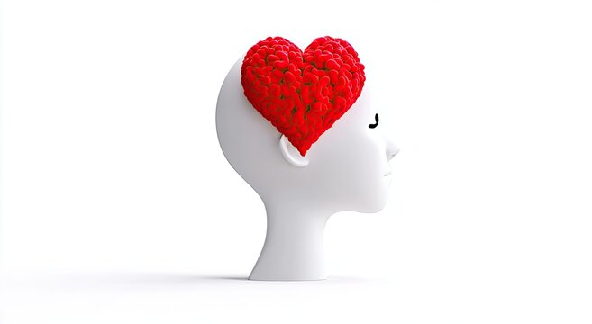 White head silhouette with textured red heart emerging from forehead on white background