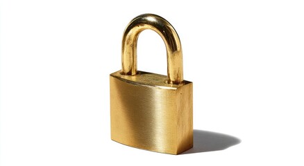 Naklejka premium Gleaming brass padlock, its sturdy form casting a strong shadow on a stark white backdrop