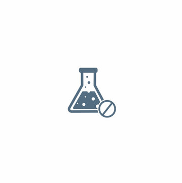Chemical experiment icon featuring a bubbling Erlenmeyer flask with a prohibited sign, conceptualizing restricted laboratory testing, forbidden chemical reactions, and hazardous substance safety proto