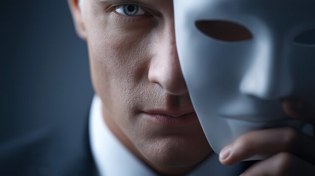 Man in suit holds white mask, half his face concealed