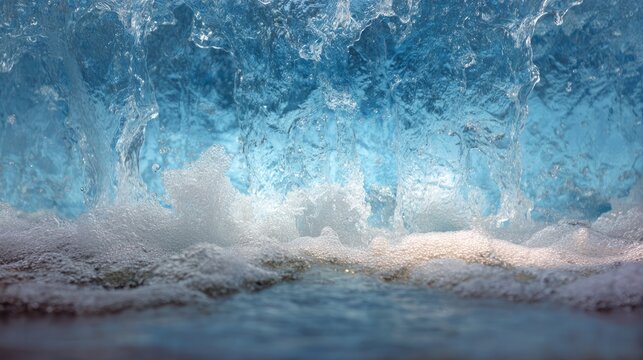 Transparent blue and white waterfall cascading from above, viewed through flowing water curtain with soft blurred background, serene natural scene with motion, freshness, and crystal clear texture in 