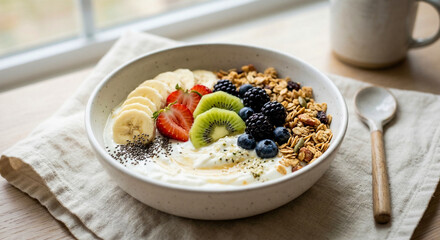 Healthy yogurt bowl with fruits and granola. four healthy five perfect good nutrition.  © Ibnu Fatah