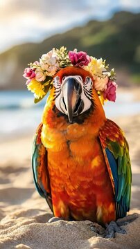A beautiful tropical macaw parrot rests calmly on warm golden beach sand. Bright ocean waves meet shore. Distant green hills. Vivid blossoms grace its colorful plumage.