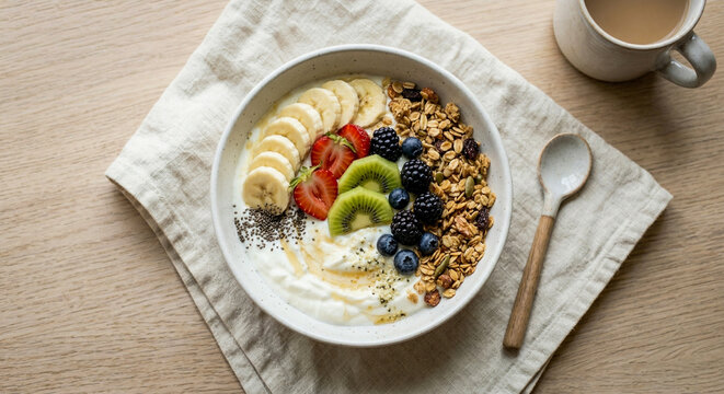 Top view shot of a healthy yogurt bowl with fruits and granola.