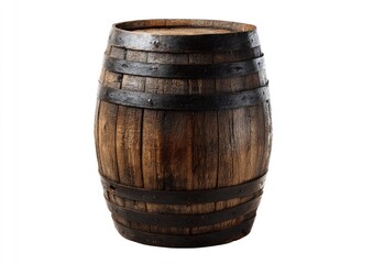 Fototapeta premium Weathered wooden barrel with dark metal hoops, isolated on white background