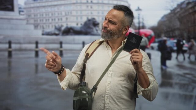Man pointing finger while holding passport and canteen on backpack strap in city street building near buses and monument; confident wanderlust.