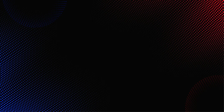 This artistic vector illustration features a blue digital technology design with a halftone circle pattern, grid waves, and a rainbow light element over an abstract black backdrop