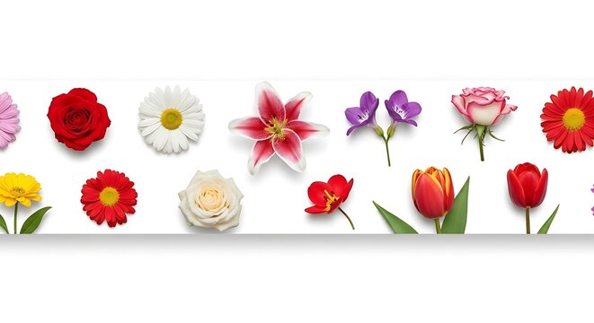 Vibrant Floral Border: Diverse Spring and Summer Flowers in Full Bloom, Isolated on a Clean White Background for Decorative Design