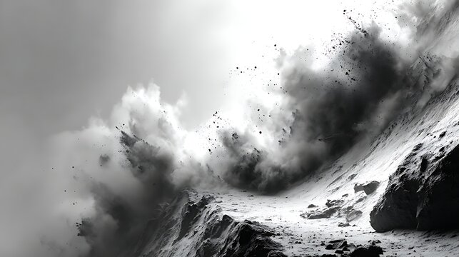 Dramatic mountain avalanche explosion dust clouds high resolution image