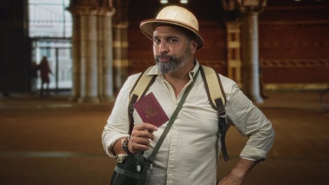 Man holding passport and pointing finger while standing in a historic building hall with backpack and pith helmet; confidence travel exploration.