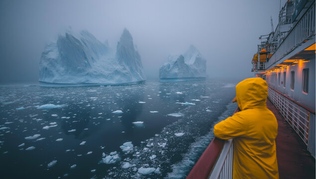 Young Female Traveler Enjoys Serene Icy Views From Ship Deck, Antarctica