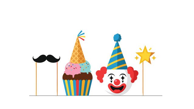 Collection of colorful party props featuring a mustache on a stick, a cupcake, a clown face, and a golden star wand.