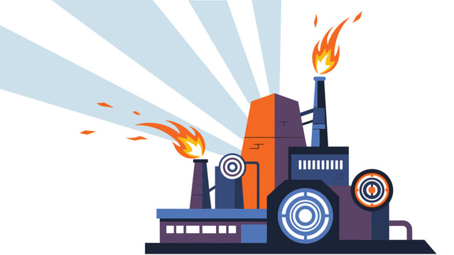 Stylized industrial factory building with smoke chimneys emitting flames against a backdrop of sunbeams or searchlights.