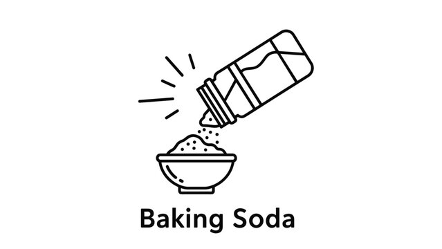 Baking soda being poured from a glass jar into a small ceramic bowl for cooking or cleaning uses around the home.