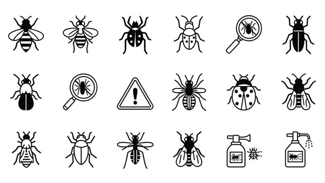 Extensive collection of black and white insect icons including bees, beetles, spiders, flies, and pest control related symbols.