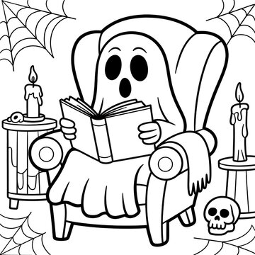 Cute Spooky Ghost Enjoying Halloween Literature in Cozy Candlelit Reading Chair with Skull and Web Illustrations - Black and White Whimsical Fun