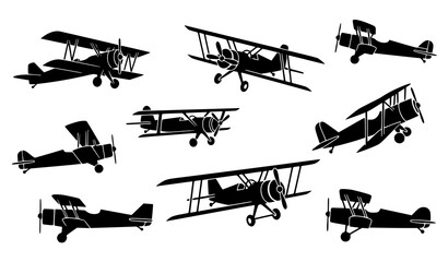 Biplane silhouettes vector set in minimalist flat style for aviation and historical illustration © MstMonisha