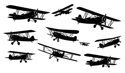 Decorative biplane silhouettes vector set in flat black style for aviation and retro designs © MstMonisha