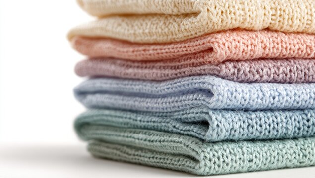 Stack of soft, pastel-colored knitted fabrics, folded neatly