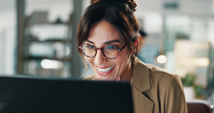 Laptop, smile and planning with business woman in office for research, email marketing and journalist. Newsletter subscription, online editor and columnist with mature person in creative agency