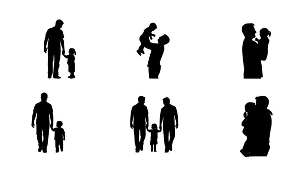 Fathers day silhouettes vector set with dad and child moments in black flat style