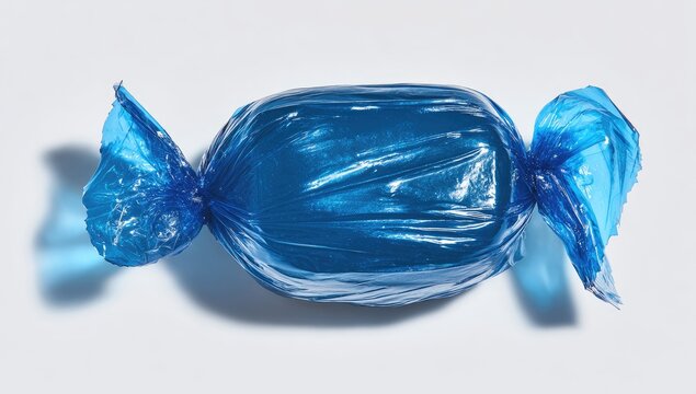 A shiny blue hard candy is twisted in crinkly cellophane wrappers