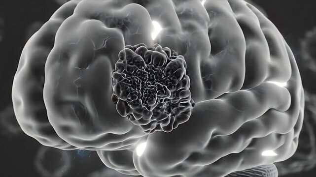 3D Medical Animation of Malignant Brain Tumor Growth Showing Irregular Cell Division and Invasion Into Neural Tissue on a Gray Cerebral Cortex Background