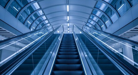 Fototapeta premium Modern Commercial Building Escalators with Blue Interior Lighting