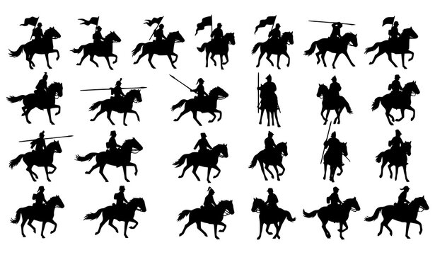 Cavalry silhouettes vector set with mounted soldiers in action poses for historical and military design