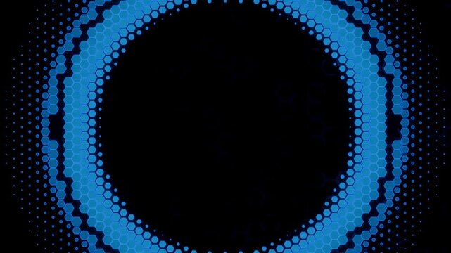 4k 16:9 video sequence of expanding glowing blue hexagonal geometric shapes forming a digital pulse transition for sci-fi and high-tech cinematic visuals.