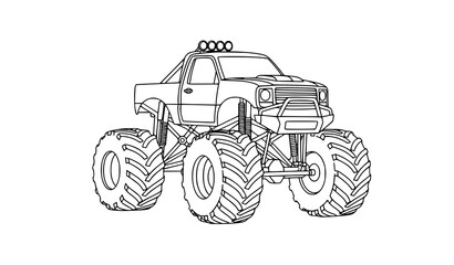 Minimalist monster truck vector with big tires and off-road design in black outline © MstMonisha