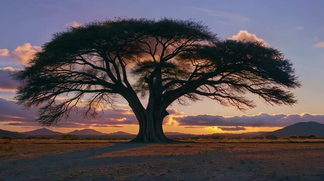 Big trees in the wilderness at sunset Silhouette of sunset trees on the African grassland