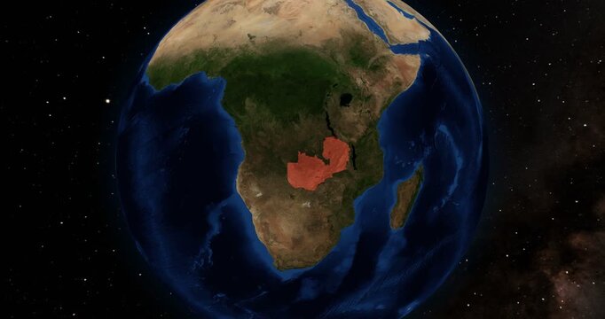 Zambia on the Globe. Zoom into the country with the Earth spinning in space. High detail physical world map with Zambia on it. Country view animation. Elements of this image furnished by NASA.