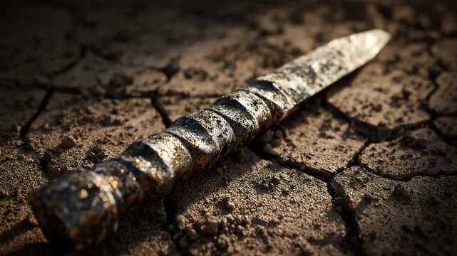 Rusty knife on cracked earth, highlighting decay and neglect