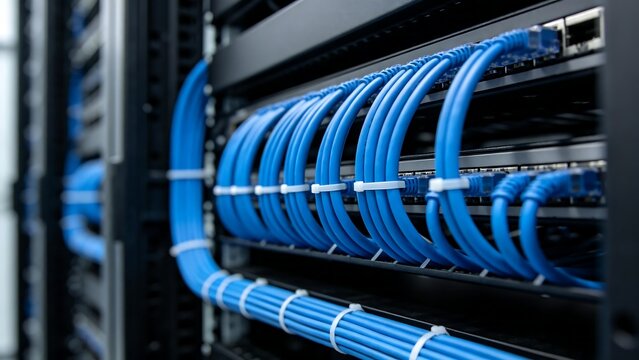 Organized blue network cables in server rack