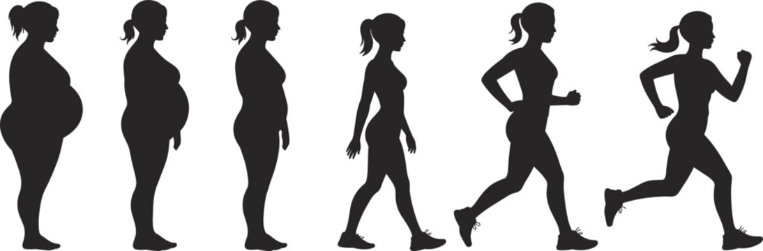 Female weight loss transformation silhouette from overweight to fit running woman, fitness journey concept, body change and healthy lifestyle progression isolated on white background