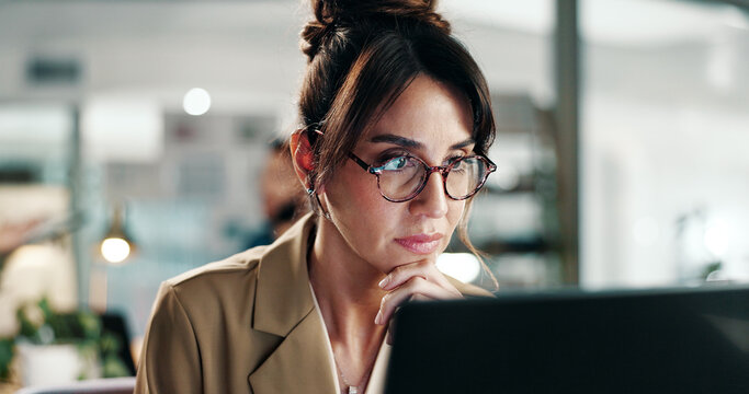 Laptop, glasses and research with business woman in office for planning, email marketing and journalist. Newsletter subscription, online editor and columnist with mature person in creative agency