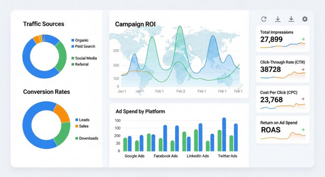 A vector graphic illustration of a digital marketing dashboard with various charts and graphs