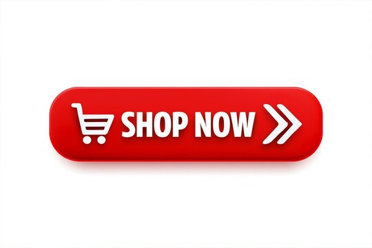 Red shopping now button with shopping cart icon and arrow for online purchases.