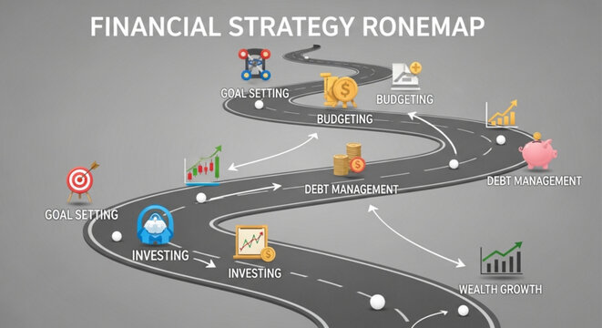 A financial strategy roadmap vector graphic illustrating a winding road with icons and labels for goal setting, budgeting, debt management, investing, and wealth growth.