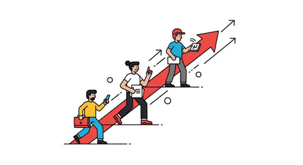 Fototapeta premium A vector graphic illustration of three people climbing up a large red arrow, symbolizing growth and progress in business and career development.