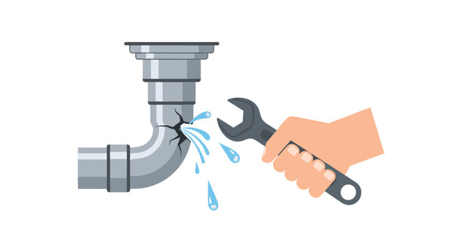 A human hand holding a wrench approaches a metal pipe with a visible crack spraying water in a professional plumbing repair illustration on a white backdrop.