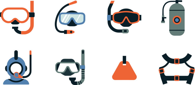 Scuba diving and snorkeling equipment icons set featuring masks snorkels oxygen tank and diving vest vector illustration collection