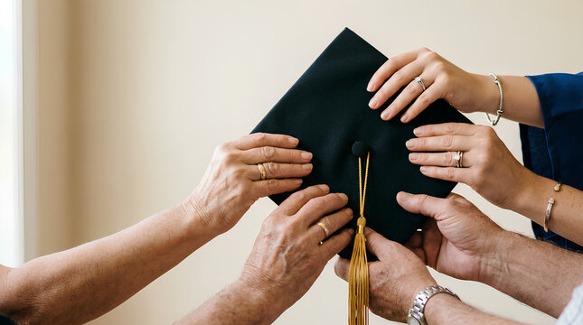 Family hands holding graduation cap together