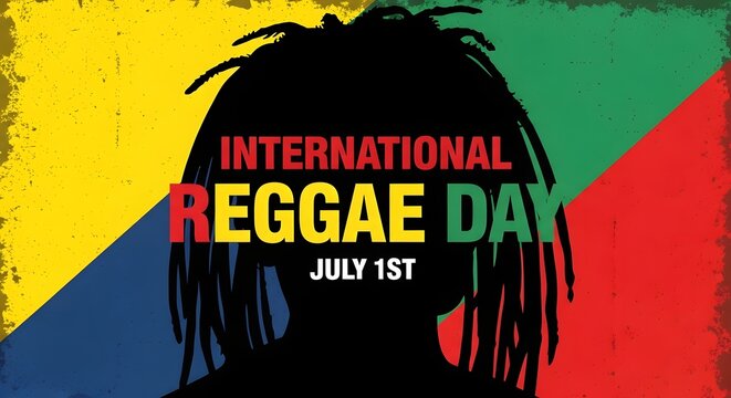 International reggae day july 1st poster with silhouette of a person with dreadlocks on a textured background with jamaican flag colors