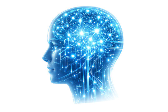Digital brain and machine learning visualization with luminous nodes and data lines inside human head silhouette, representing deep learning, cognition, and innovation technology