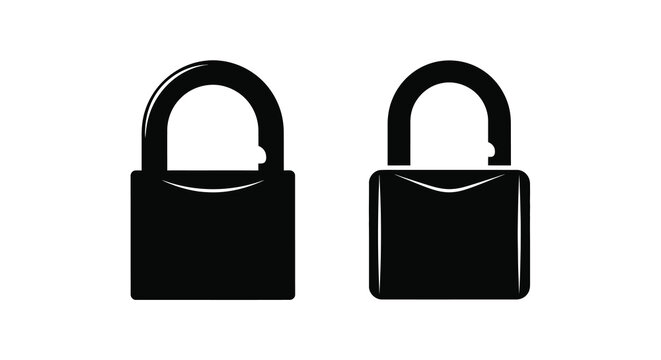 Two black padlocks depicted in a minimalist stark silhouette