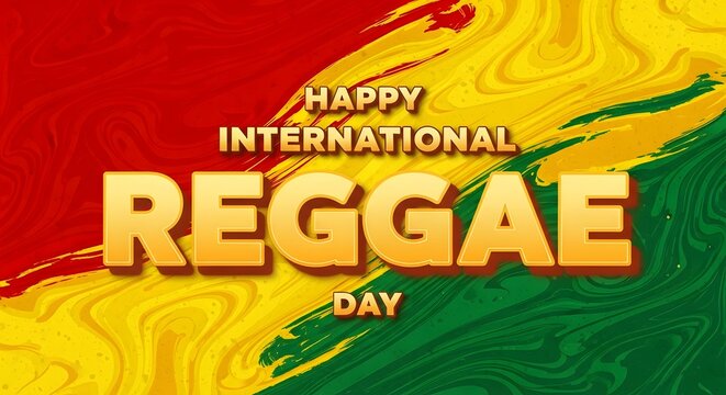 Happy international reggae day greeting card with vibrant liquid marble background
