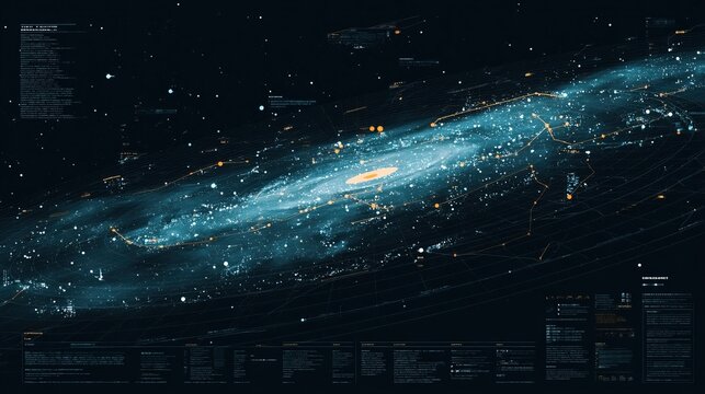 A stunning visual representation of a galaxy with stars and celestial bodies in a vast, dark space with detailed annotations and labels
