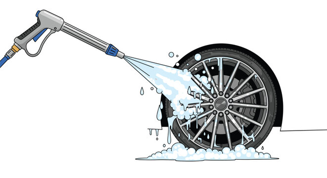 Intense pressurized water nozzle blasts thick white cleaning foam onto a detailed alloy car wheel rim in a sterile workshop environment with cool colors.
